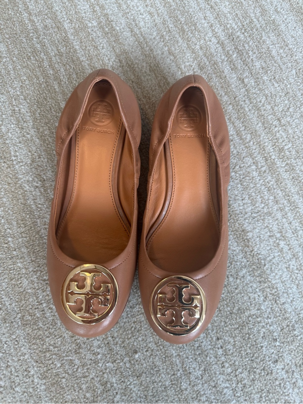 Tory Burch Reva Heeled Ballet Flats with Gold Logo (Brown)